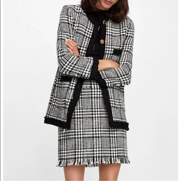 Zara Tweed Black And White Blazer academia gold buttons old money classy - Picture 1 of 16
